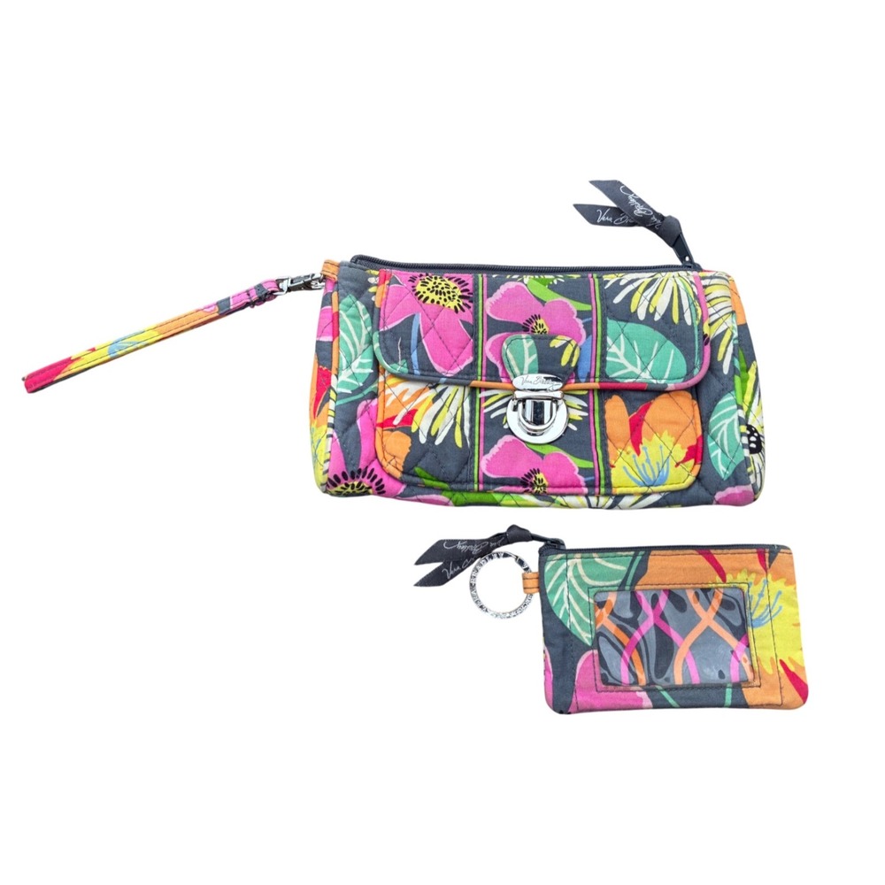 Vera Bradley Floral Quilted Wristlet Wallet and ID Case Keychain Set 2pc